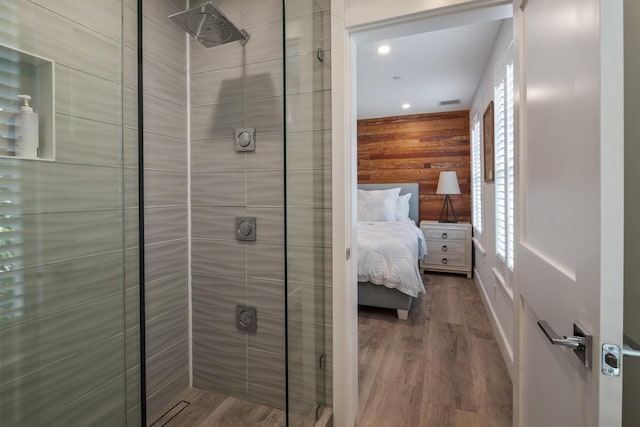 806 Southard St, Key West, FL 33040 - full bathroom with recessed lighting, wood walls, wood finished floors, and a stall shower