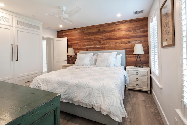806 Southard St, Key West, FL 33040 - bedroom featuring multiple windows, dark wood-type flooring, wood walls, and visible vents