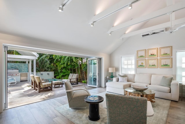 806 Southard St, Key West, FL 33040 - living area featuring rail lighting, lofted ceiling, and wood finished floors