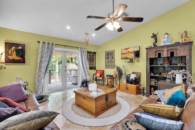 1 Sunset Rd, Key Largo, FL 33037 - living room with french doors, vaulted ceiling, a ceiling fan, and recessed lighting