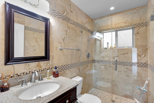 1 Sunset Rd, Key Largo, FL 33037 - full bath with tile walls, a stall shower, vanity, and decorative backsplash