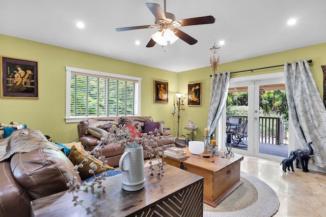 1 Sunset Rd, Key Largo, FL 33037 - living room featuring french doors, ceiling fan, recessed lighting, and finished concrete floors