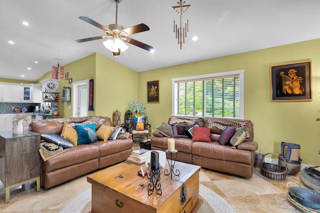 1 Sunset Rd, Key Largo, FL 33037 - living room with lofted ceiling, a ceiling fan, and recessed lighting