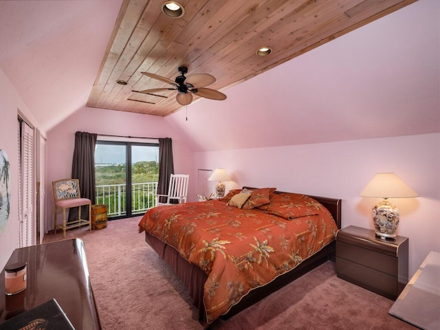 bedroom featuring lofted ceiling, access to outside, light colored carpet, ceiling fan, and wood ceiling