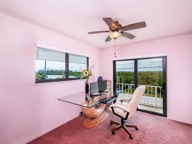 carpeted office with a wealth of natural light and ceiling fan