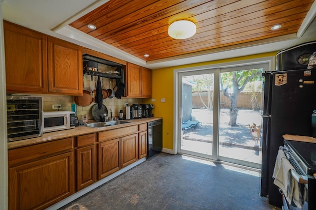 kitchen with wood ceiling, black appliances, a raised ceiling, and decorative backsplash