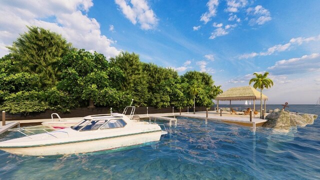 view of pool with a gazebo, a water view, and a patio