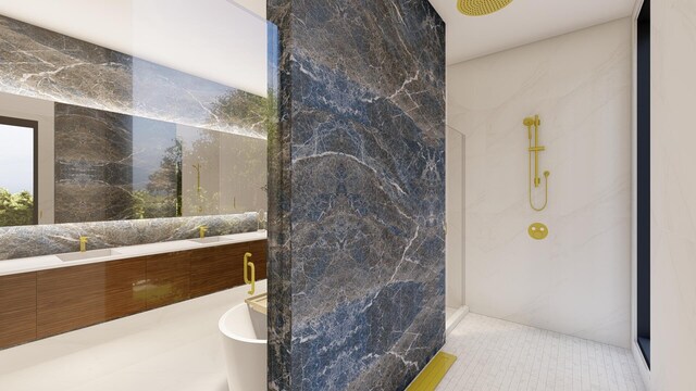 bathroom with vanity, tile patterned floors, and walk in shower