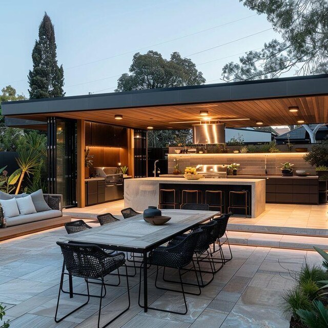 view of patio / terrace featuring a bar, an outdoor kitchen, and area for grilling