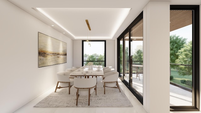 dining room featuring a tray ceiling and a wall of windows