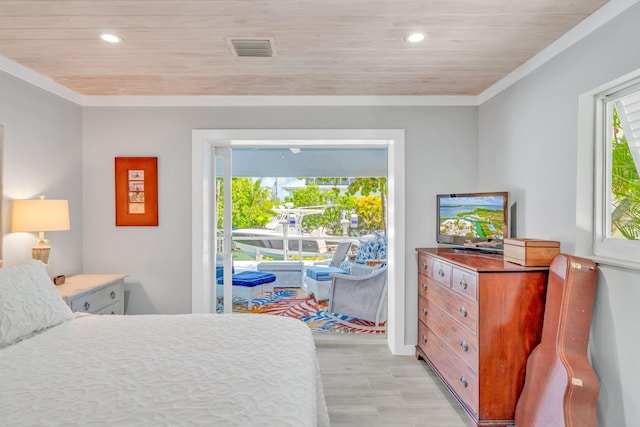 20735 W 5th Ave, Cudjoe, FL 33042 - bedroom with light wood-type flooring, recessed lighting, ornamental molding, and wood ceiling