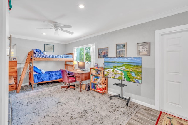 20735 W 5th Ave, Cudjoe, FL 33042 - bedroom featuring ornamental molding, wood finished floors, recessed lighting, a ceiling fan, and an office area