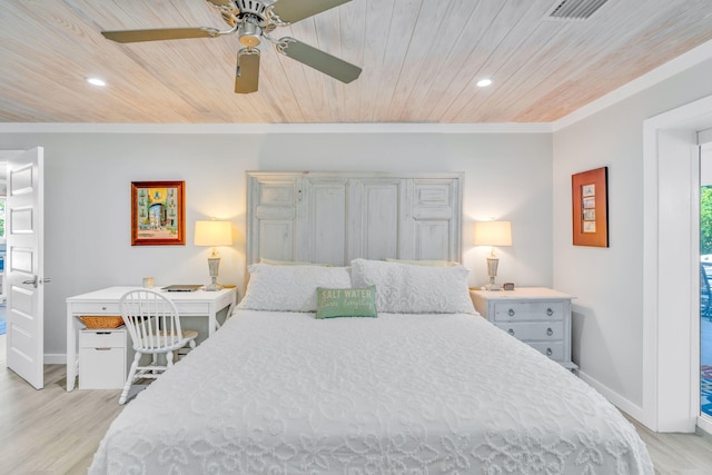 20735 W 5th Ave, Cudjoe, FL 33042 - bedroom featuring wooden ceiling, ornamental molding, light wood-style flooring, recessed lighting, and a ceiling fan