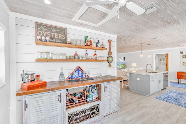 20735 W 5th Ave, Cudjoe, FL 33042 - indoor dry bar with stainless steel dishwasher, wood ceiling, ceiling fan, light wood-style floors, and pendant lighting
