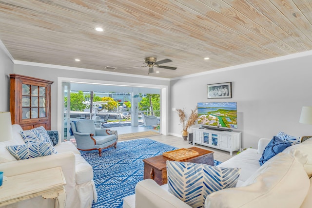 20735 W 5th Ave, Cudjoe, FL 33042 - living area featuring wooden ceiling, ceiling fan, crown molding, wood finished floors, and recessed lighting