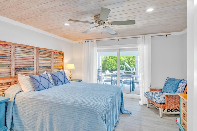 20735 W 5th Ave, Cudjoe, FL 33042 - bedroom with recessed lighting, wood finished floors, wooden ceiling, access to exterior, and a ceiling fan