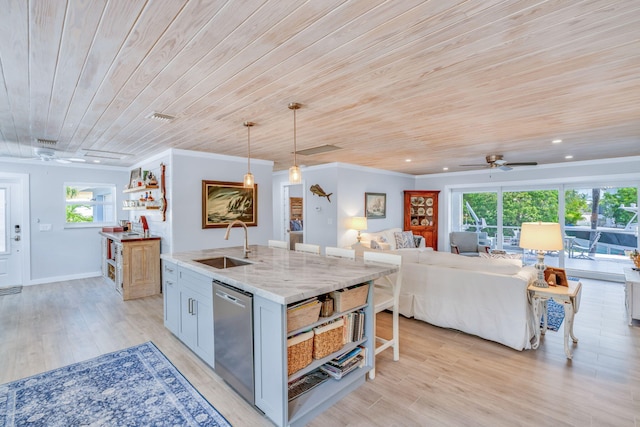 20735 W 5th Ave, Cudjoe, FL 33042 - kitchen with dishwasher, a ceiling fan, a kitchen island with sink, wood ceiling, and open floor plan