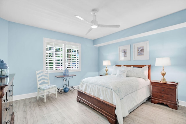 bedroom featuring ceiling fan and light wood-type flooring