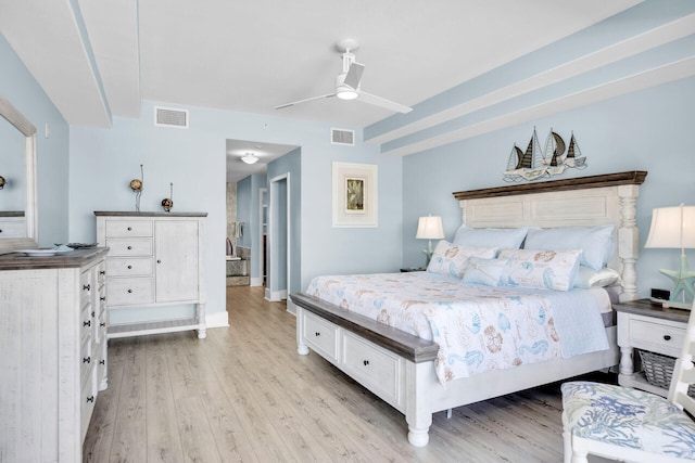 bedroom featuring ceiling fan and light hardwood / wood-style flooring