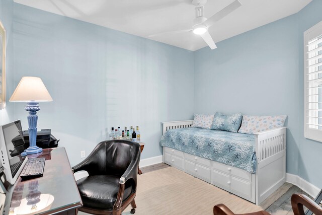 bedroom with light hardwood / wood-style floors and ceiling fan