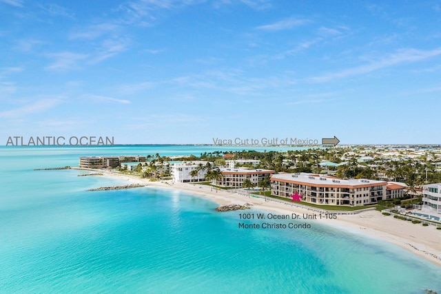 bird's eye view featuring a water view and a view of the beach