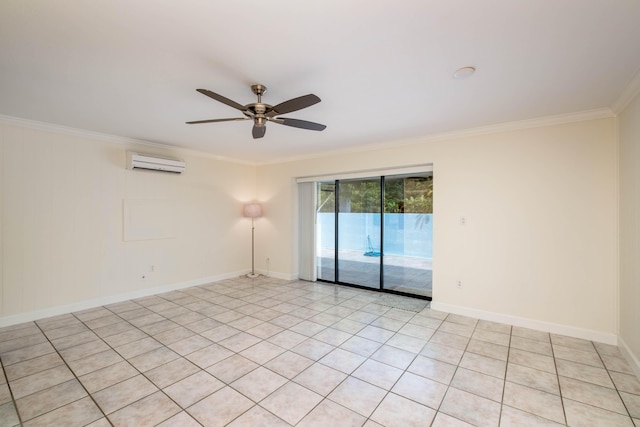 unfurnished room with a wall mounted air conditioner, baseboards, a ceiling fan, and crown molding