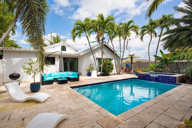 3532 Duck Ave, Key West, FL 33040 - view of pool featuring a fenced backyard, a patio area, an outdoor living space, and a pool with connected hot tub
