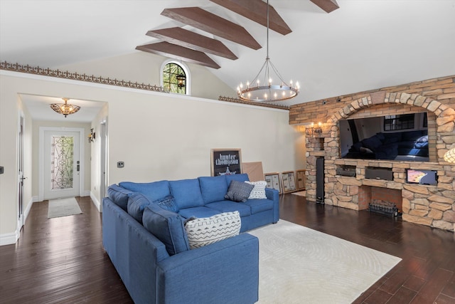 3532 Duck Ave, Key West, FL 33040 - living area with wood finished floors, high vaulted ceiling, baseboards, a fireplace, and a notable chandelier
