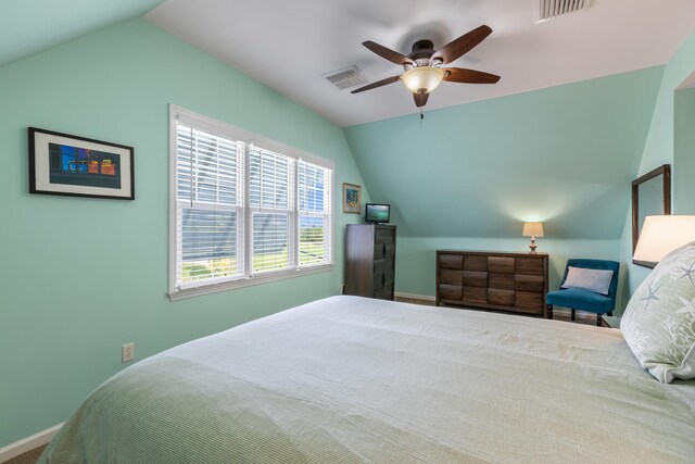 bedroom featuring ceiling fan and lofted ceiling