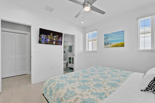 bedroom featuring ceiling fan, ensuite bathroom, and a closet