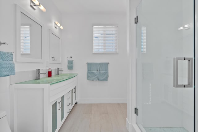 bathroom with vanity, wood-type flooring, and a shower with shower door