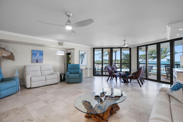 101 E Ocean Dr Unit C402, Key Colony, FL 33051 - living area featuring ceiling fan, ornamental molding, visible vents, and expansive windows