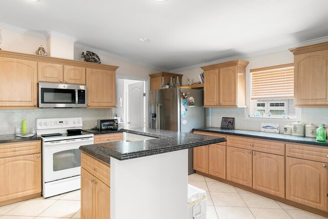 kitchen with stainless steel appliances, a kitchen island, ornamental molding, and light tile patterned floors