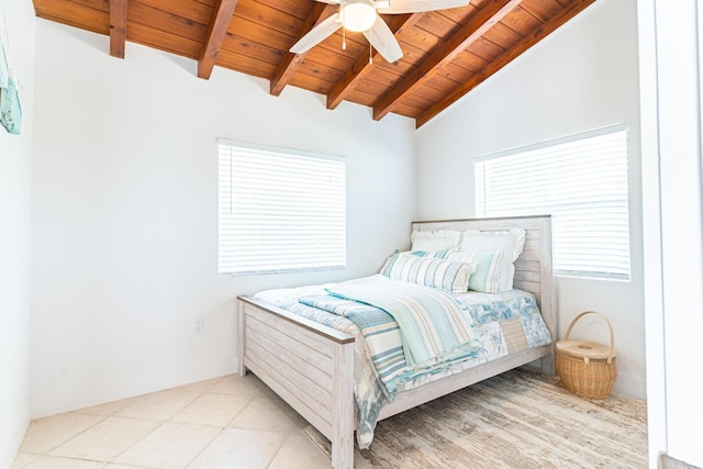 bedroom with lofted ceiling with beams, light tile patterned floors, wooden ceiling, and ceiling fan