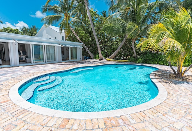 view of swimming pool with a patio