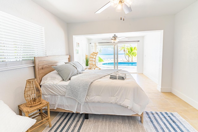 bedroom with light tile patterned floors, access to outside, and ceiling fan