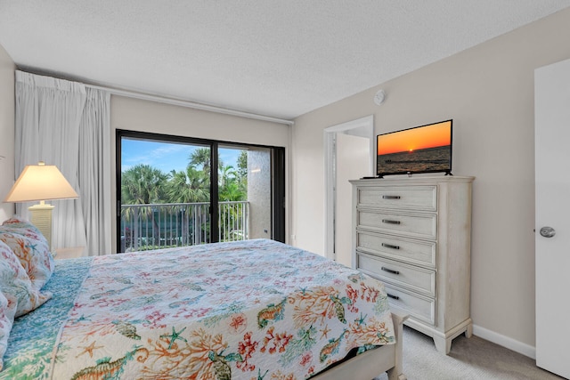 bedroom with light carpet, access to outside, a textured ceiling, and baseboards