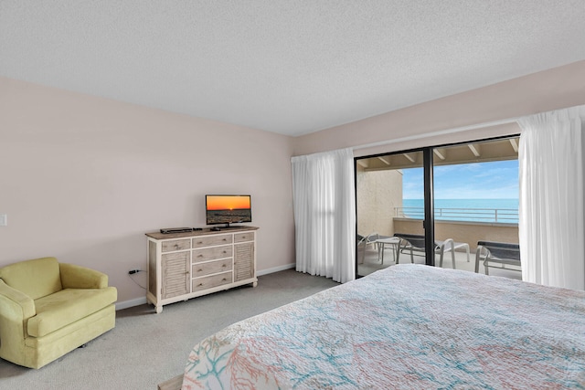 bedroom with a textured ceiling, access to outside, carpet flooring, and baseboards