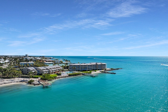 bird's eye view featuring a water view and a view of the beach