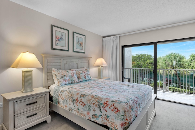 bedroom featuring carpet, access to outside, and a textured ceiling