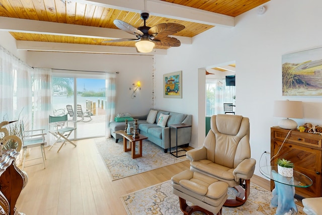 living room with hardwood / wood-style flooring, ceiling fan, wood ceiling, and beam ceiling