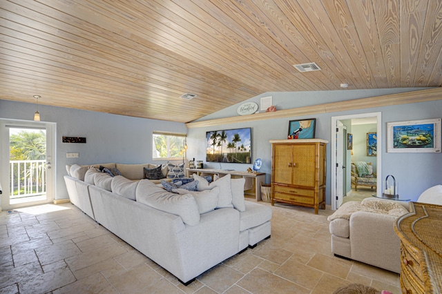 living room with wood ceiling, stone tile floors, visible vents, and vaulted ceiling