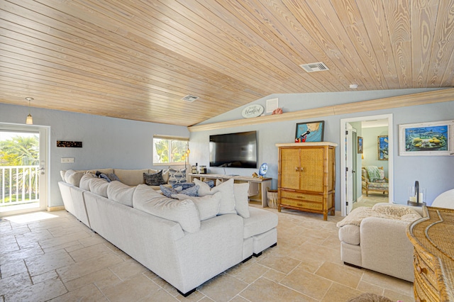 living room featuring wooden ceiling, visible vents, vaulted ceiling, and stone tile floors