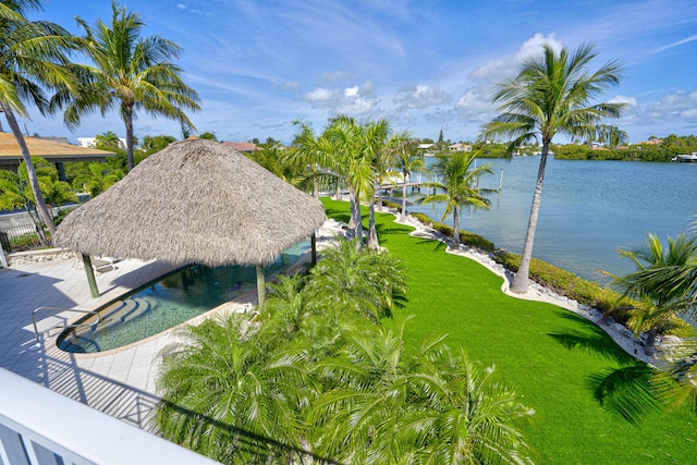 property view of water with a gazebo