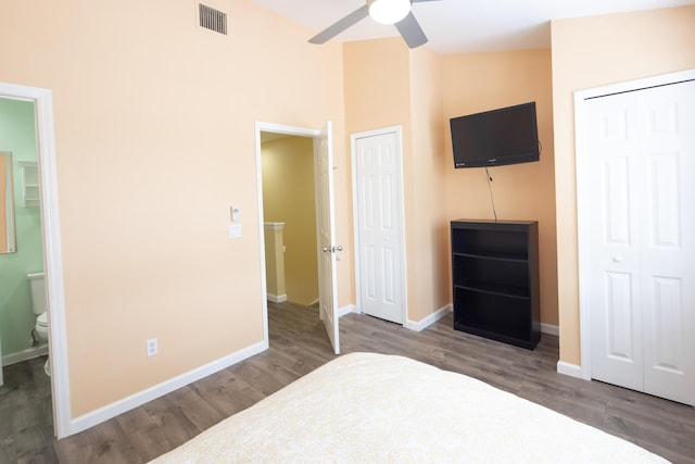 bedroom featuring multiple closets, lofted ceiling, connected bathroom, and dark hardwood / wood-style flooring