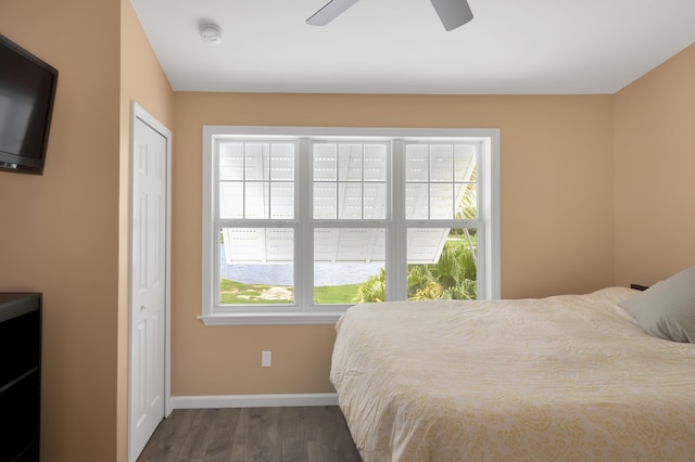 bedroom with dark hardwood / wood-style flooring, a closet, and ceiling fan