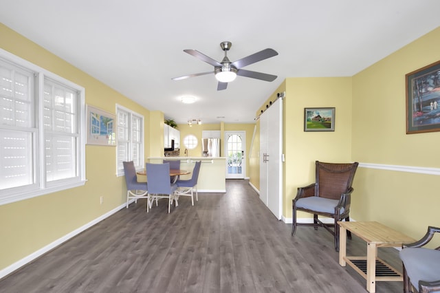 interior space with ceiling fan, wood-type flooring, and a barn door