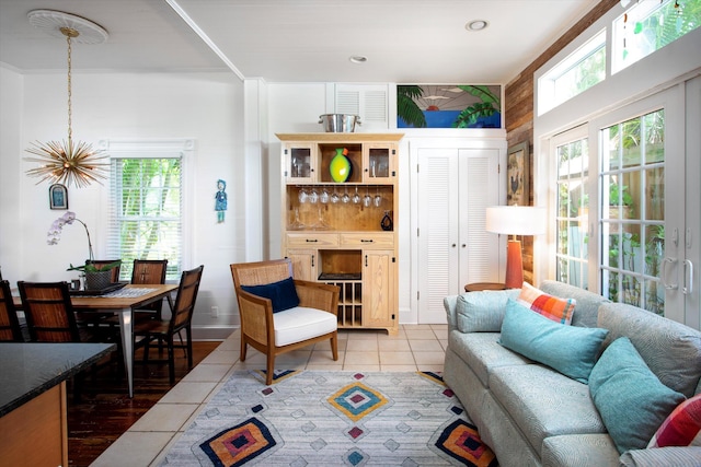 living area with tile patterned flooring and recessed lighting