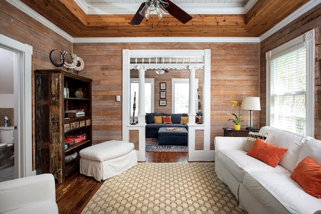 living area featuring wood walls, a ceiling fan, and a wealth of natural light