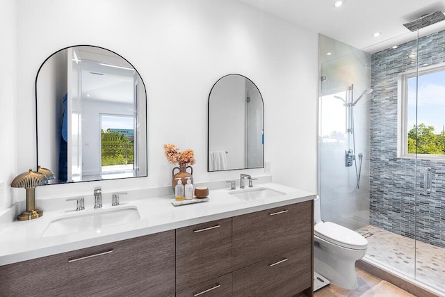 bathroom with vanity, a shower with shower door, and toilet